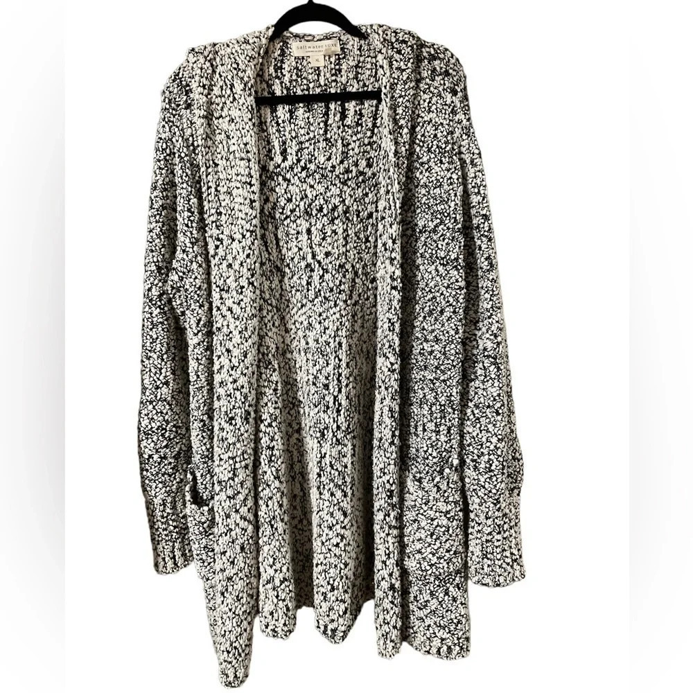 Saltwater Luxe Hooded Sweater XL Knit Cardigan Open Front Black Off White Marled
